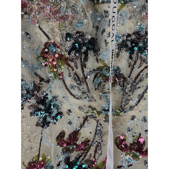 Mac Duggal 20510 Flutter Sleeve High Neck Embellished Tea Length Dress Sz 2 Nude - Picture 4 of 6